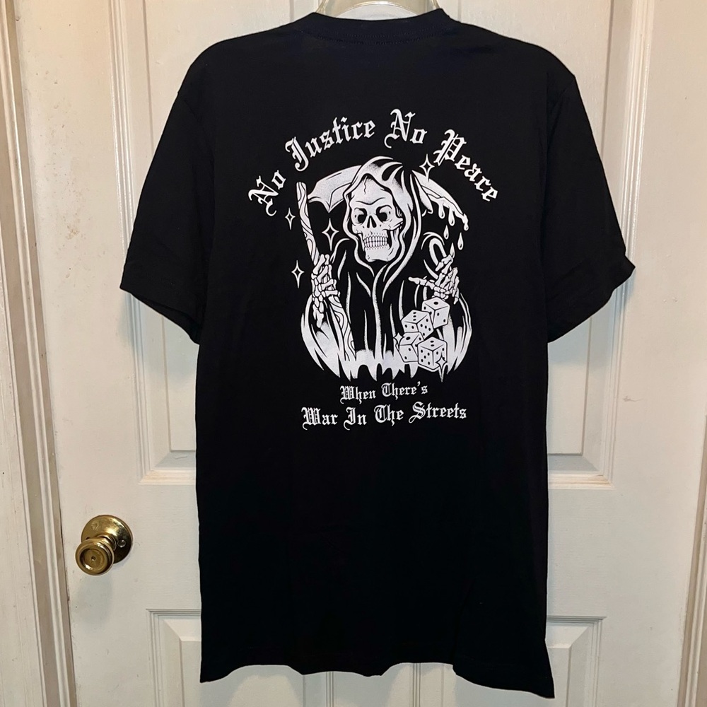 STILL PROUD Men’s Short Sleeve No Justice No Peace Reaper Shirt. Sz L.